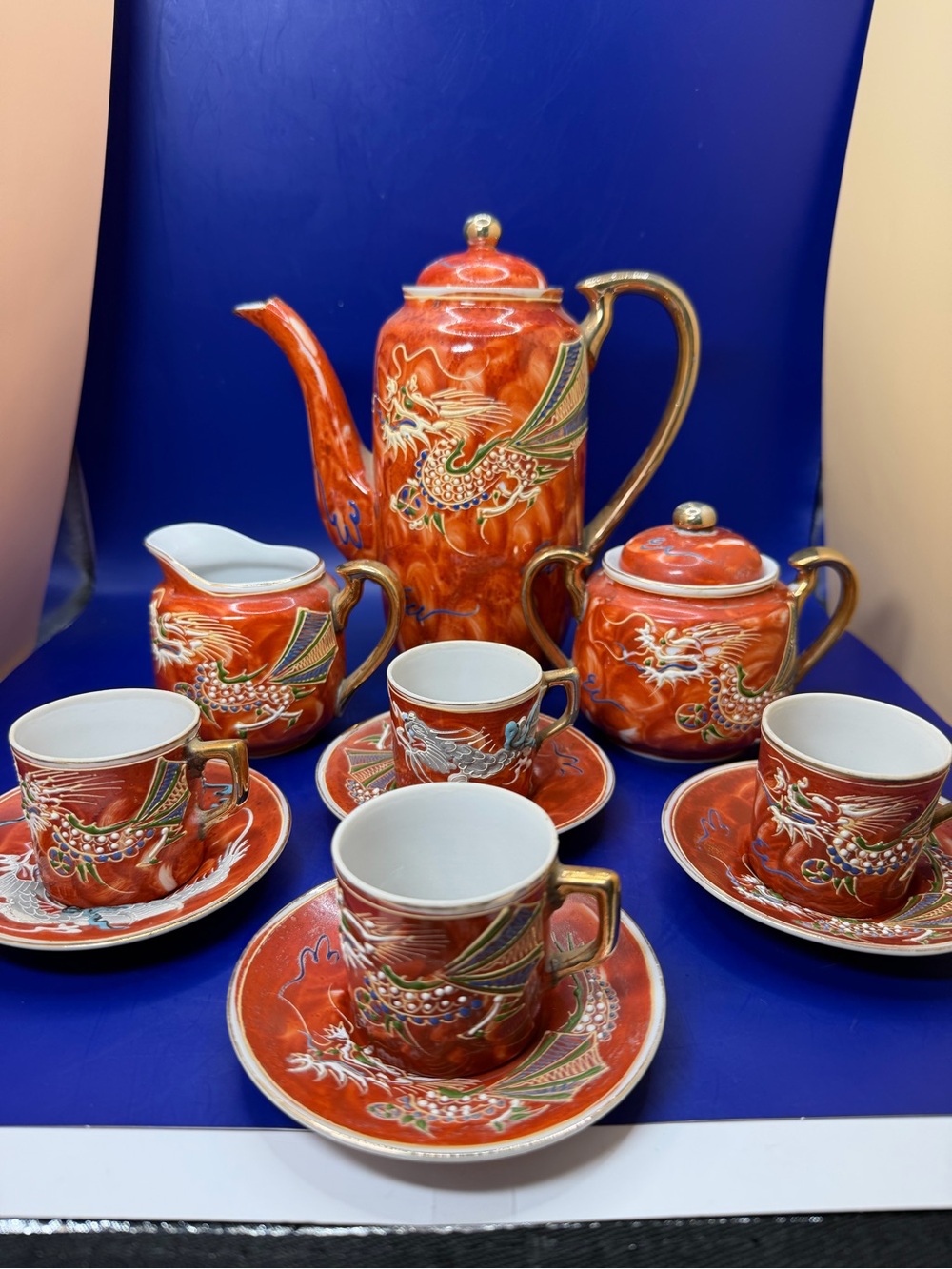 Rust Red Dragonware Porcelain Tea Set with Gold Accents - Vintage